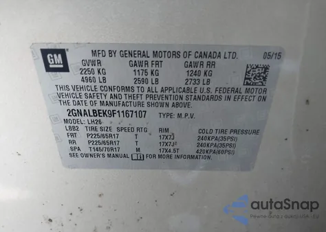 2015 Chevrolet Equinox 1Lt из США, поврежденный, VIN 2GNALBEK9F1167107